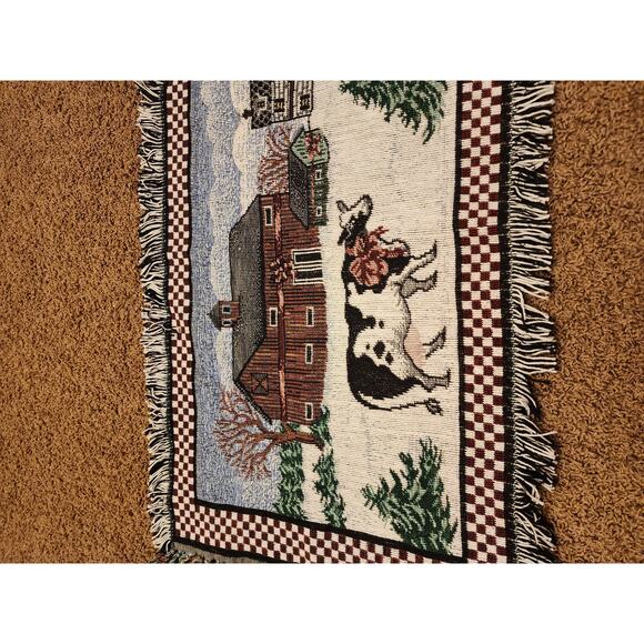 Vintage Tapestry Rug Country Christmas Cow Barn Rustic Farmhouse Table 20x36 - Picture 10 of 11